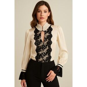 Bebe Women's XS Blouse Long Sleeve‎ Black Lace Trim Top Keyhole Cream Beige XS